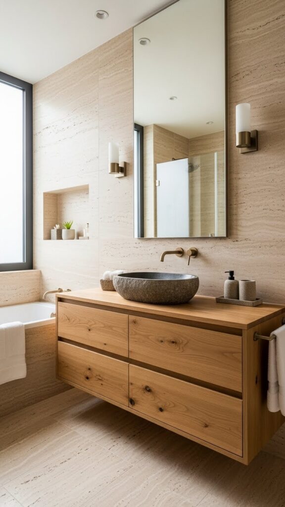 Modern bathroom featuring natural wood, stone surfaces, and organic textures.