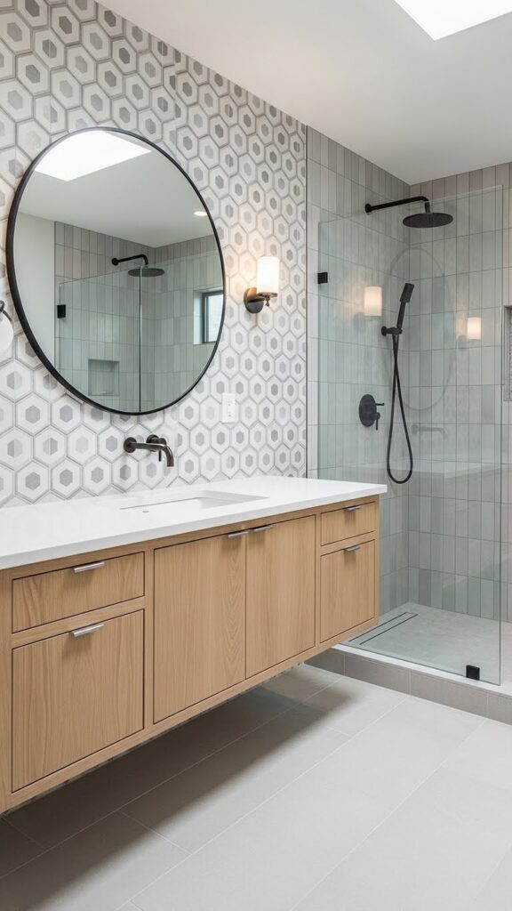 Modern bathroom with personalized details and custom finishes.