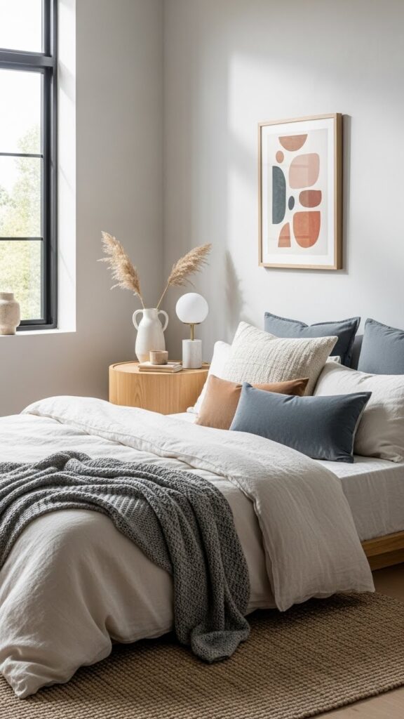 American contemporary bedroom with a relaxed and lived-in modern look.