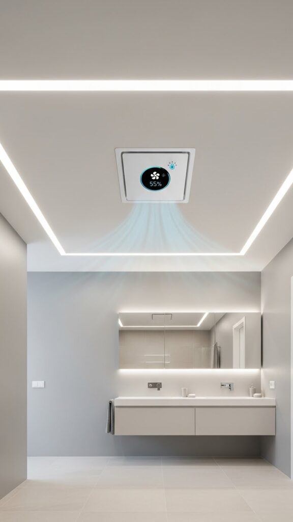 Smart humidity-sensing ventilation fan in a modern bathroom USA.