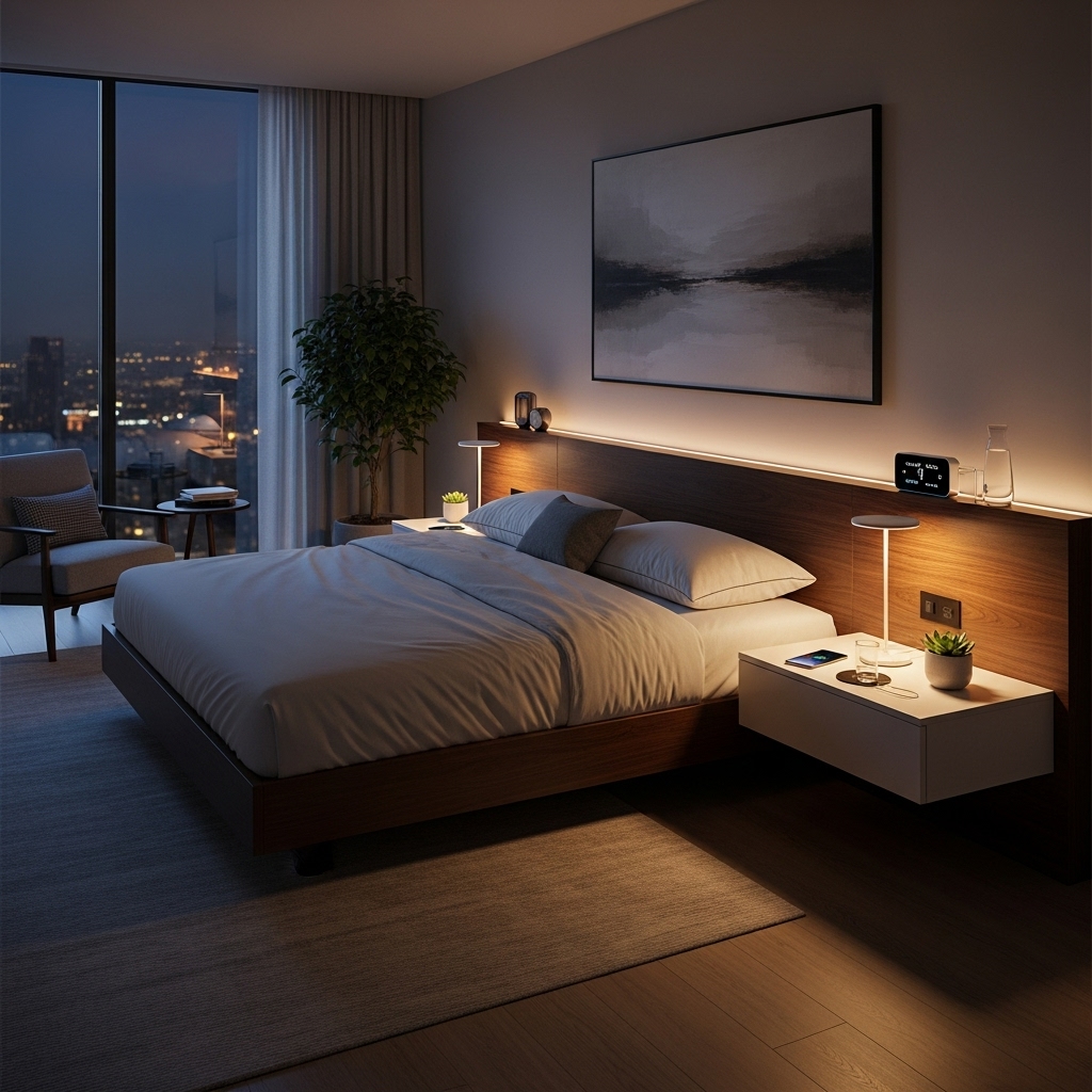 Modern smart bedroom at night with dimmed lighting for a calm and restful environment.