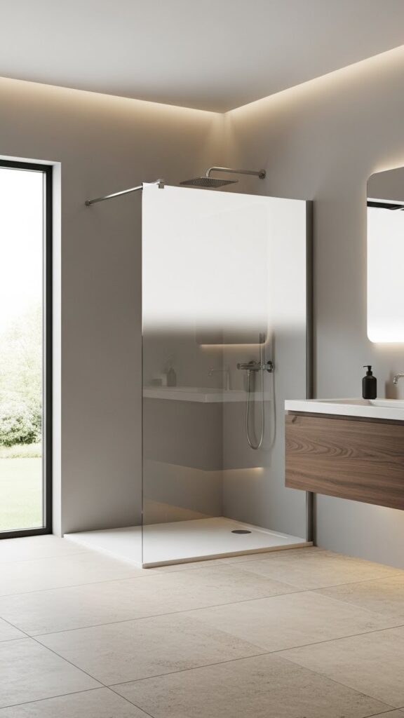 Smart glass shower enclosure with privacy control in modern bathroom USA.