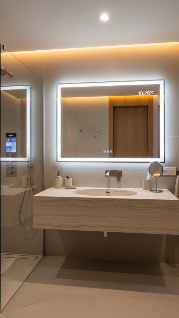 Smart modern bathroom with LED mirror, touchless fixtures, and luxury technology.