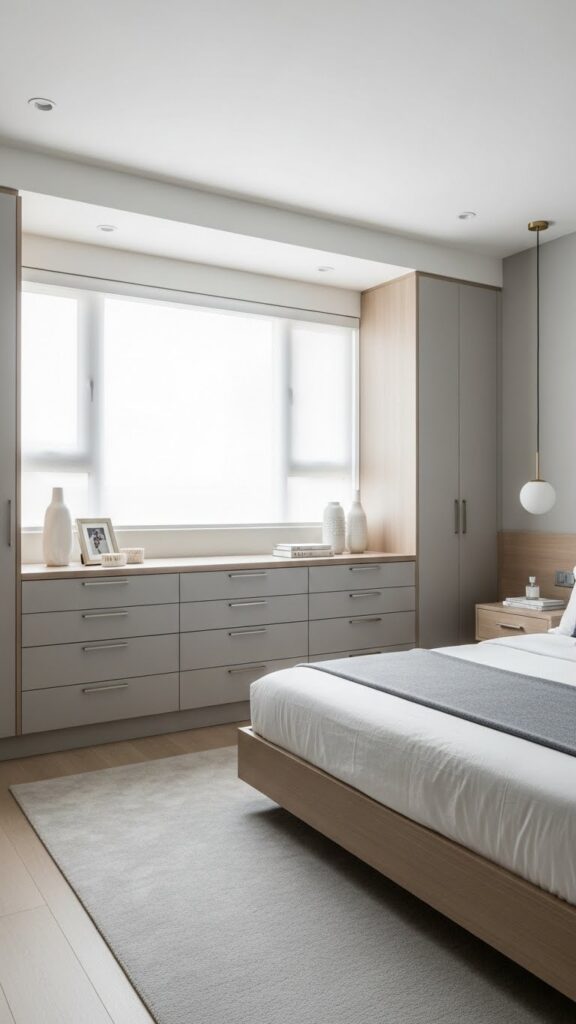 American contemporary bedroom with smart and hidden storage solutions.