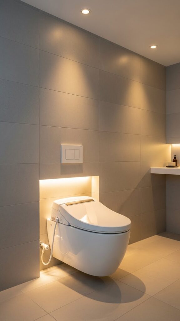 Smart toilet with touchless features in a luxury modern bathroom USA 2026.
