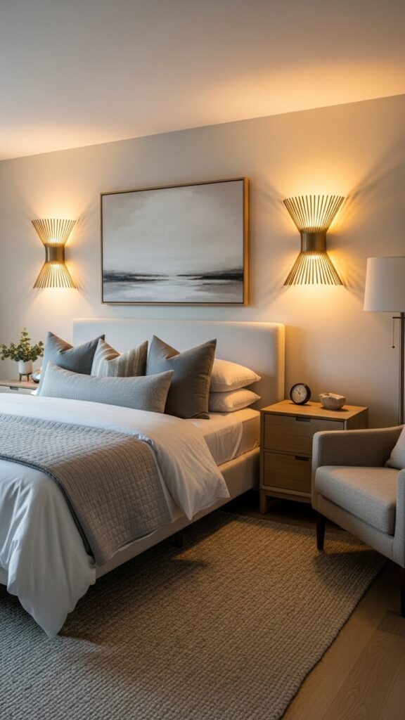 American contemporary bedroom featuring modern statement lighting.