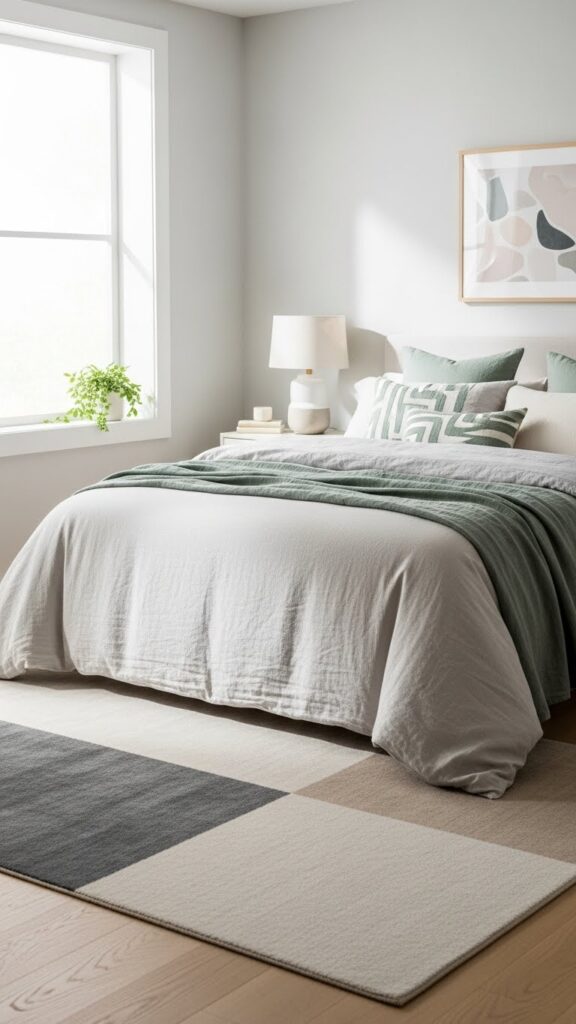 American contemporary bedroom featuring subtle patterns and textures.