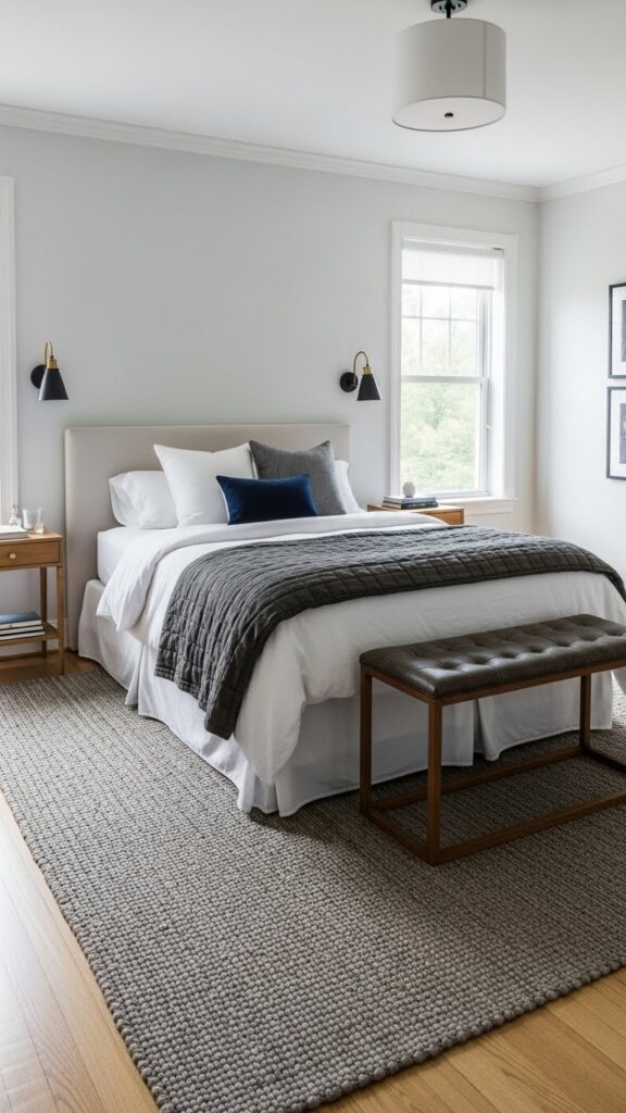 Contemporary American bedroom with symmetrical furniture layout.