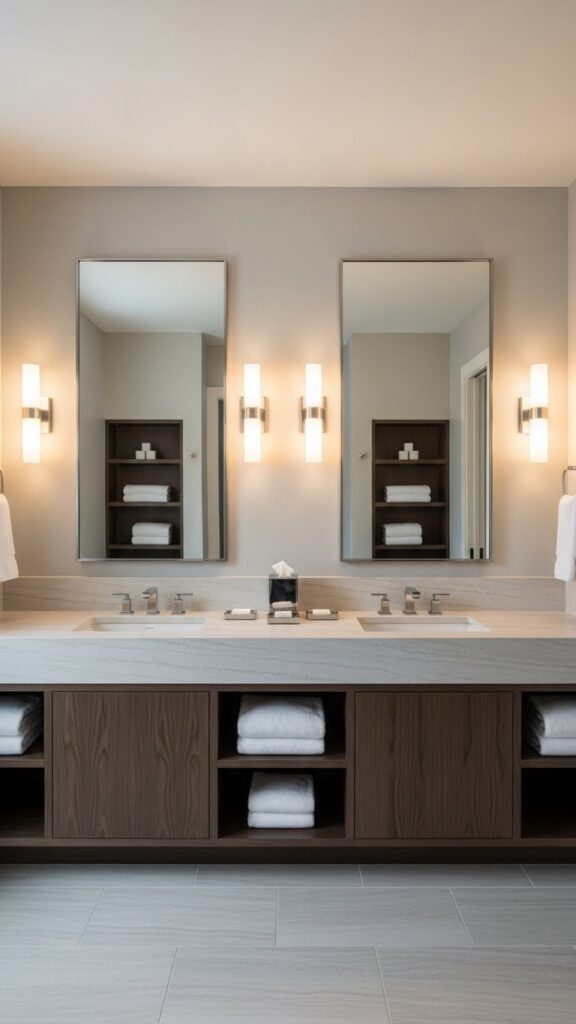 Modern bathroom with symmetrical layout and balanced design.