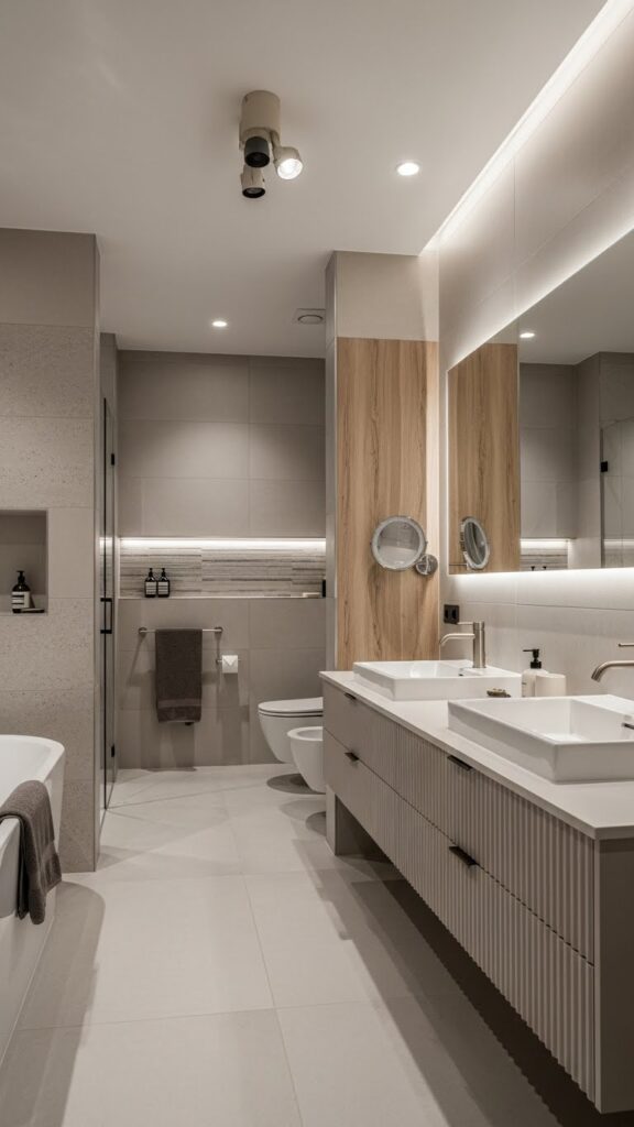 Modern bathroom featuring textured tiles and layered materials.
