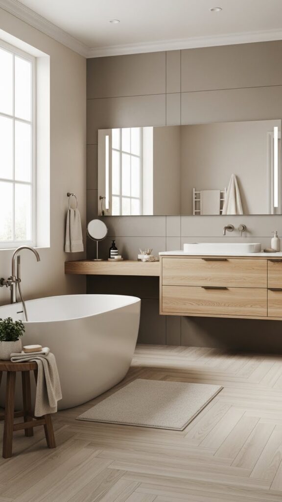Modern bathroom with warm beige, soft gray, and earthy color palette.