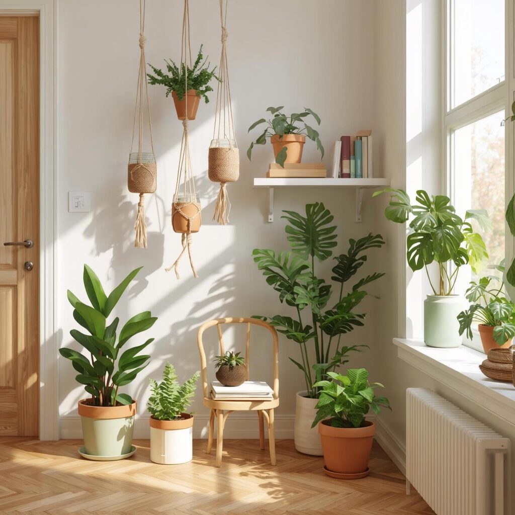 DIY planters with indoor plants brightening up a modern American living room, adding color and freshness to home decor.