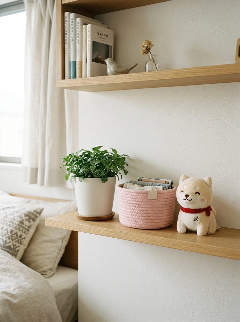 Cute Japanese bedroom shelf with small green potted plant in white ceramic pot beside pastel basket and kawaii plushie in soft natural light