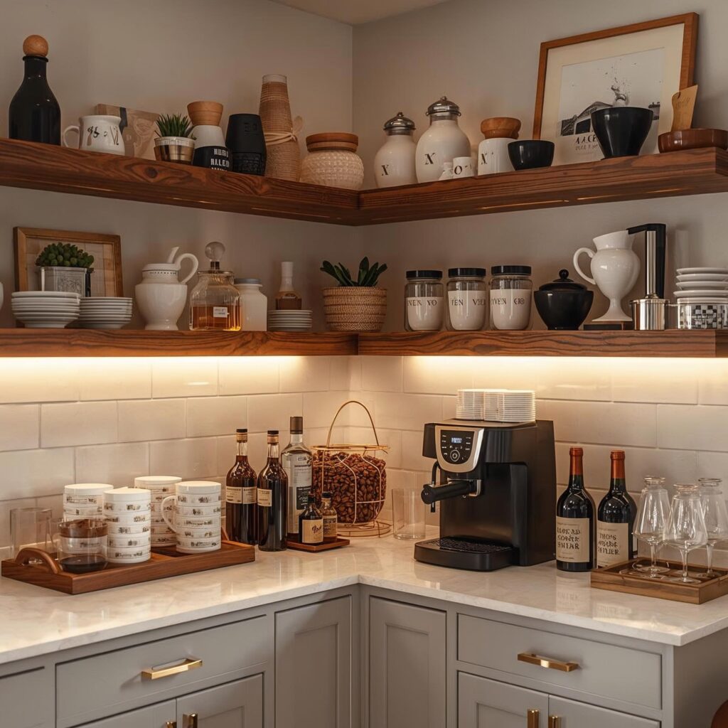 DIY coffee station and mini bar setup in a modern American home with cozy lighting and organized decor.