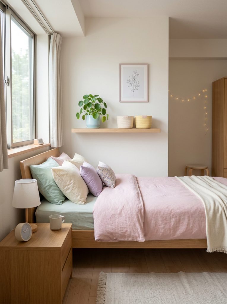 Calm organized cute Japanese bedroom with clear surfaces neatly made pastel bed small shelf with plant and pastel baskets in minimal tidy kawaii aesthetic