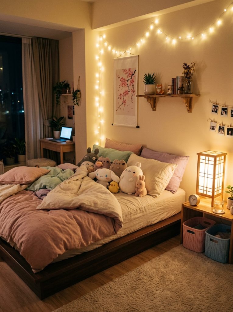 Complete dreamy cute Japanese bedroom with pastel bedding kawaii plushies warm fairy lights rice paper lamp sakura wall art and pastel shelf in cozy personal atmosphere