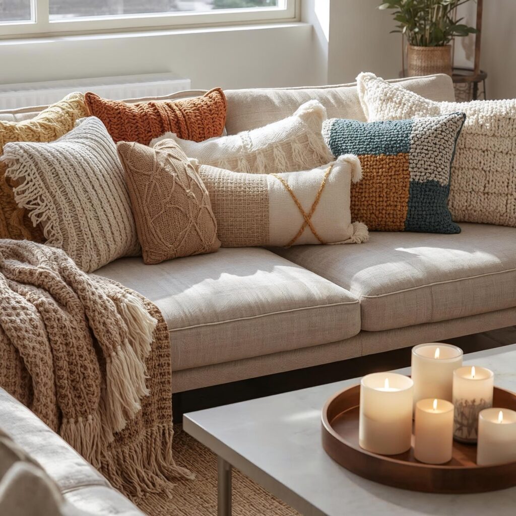 Handmade throw pillows on a cozy modern living room sofa in warm colors, creating a comfortable and stylish home decor look.