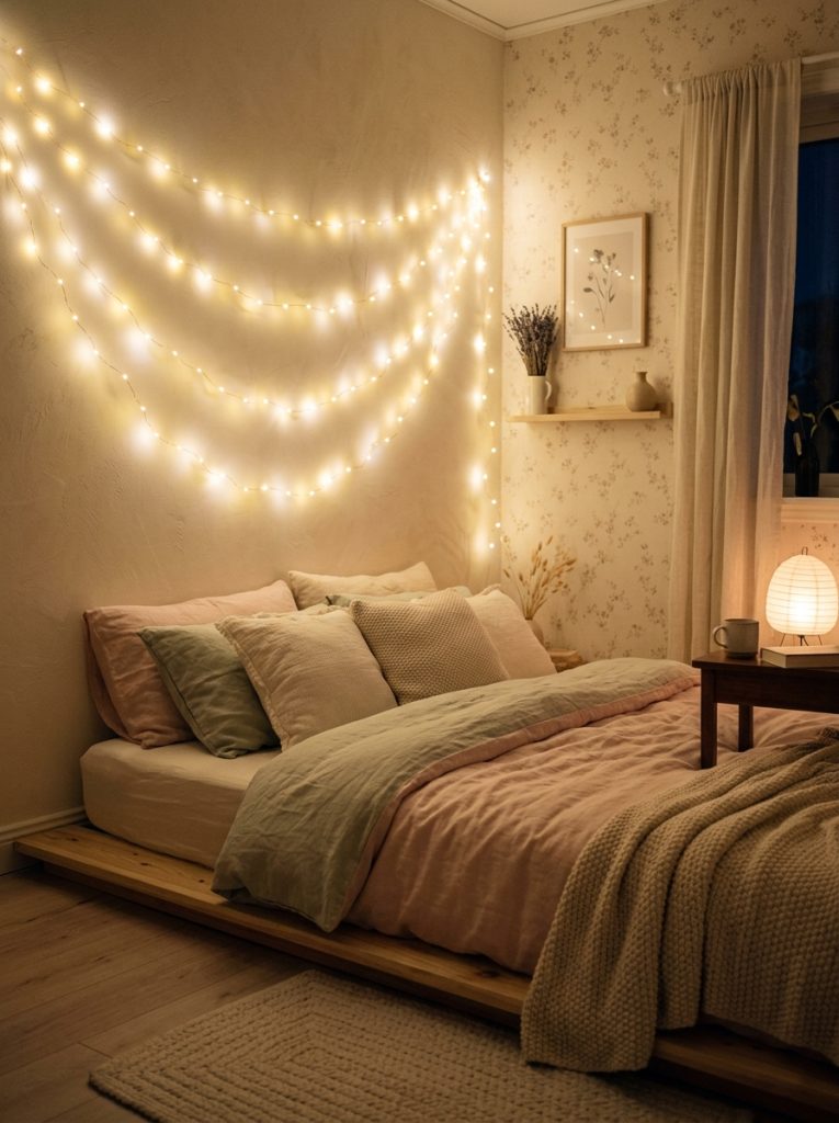 Warm white fairy lights strung along wall above low Japanese bed creating soft dreamy golden glow in a pastel bedroom at night