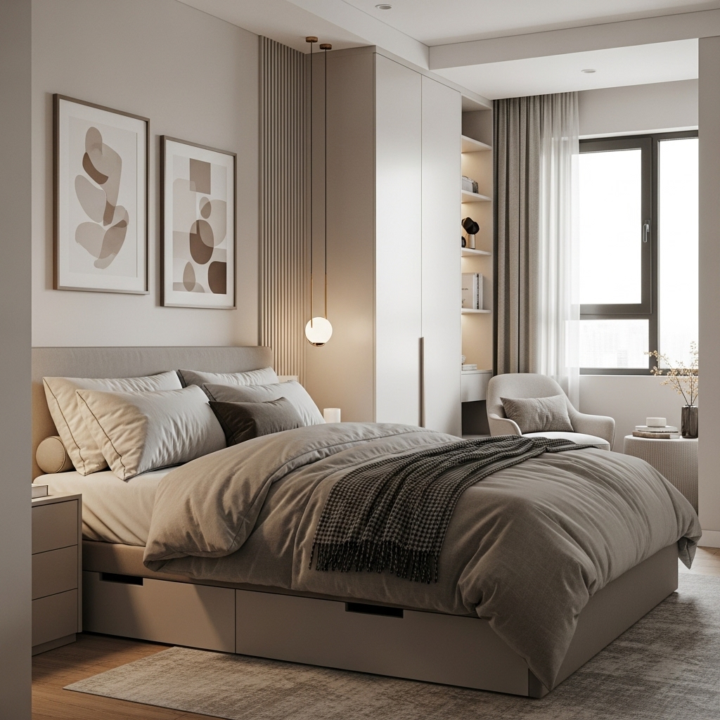 Bedroom Design for Urban Comfort – Modern neutral bedroom with layered bedding, smart storage, and cozy reading nook USA 2025
