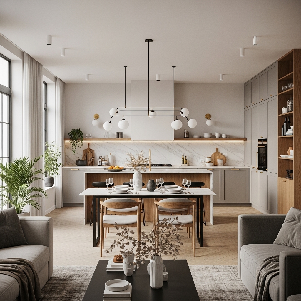 Kitchen and Dining Area Trends for Modern Urban Homes USA 2025 – Open-concept kitchen with sleek design and elegant dining setup
