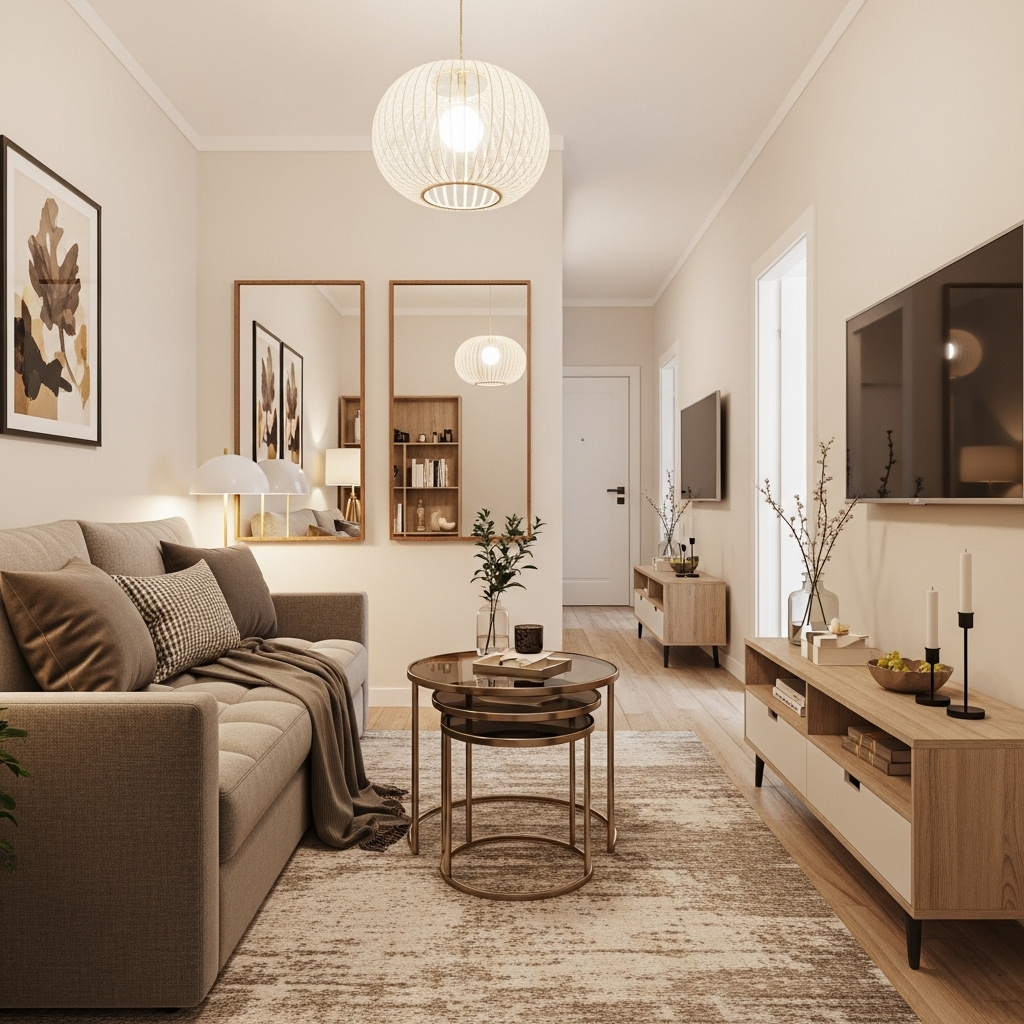 Furniture and Layout Tips for Small Urban Spaces – Smart modern apartment design with glass tables, sofa bed, and space-saving furniture USA 2025
