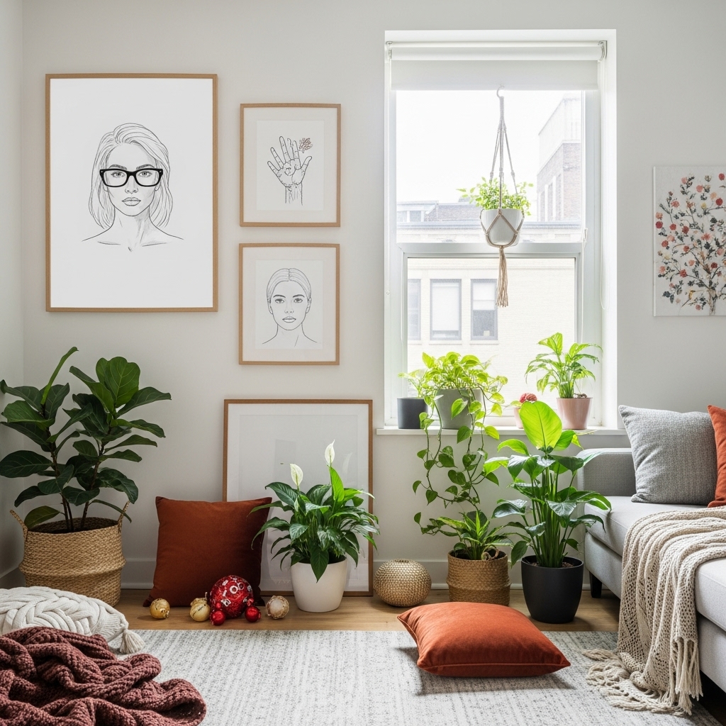 Personalizing Your Apartment – Modern urban home decor with artwork, indoor plants, and cozy seasonal details USA 2025
