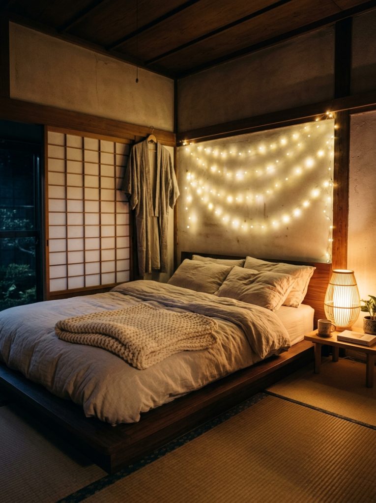 Cozy Japanese bedroom at night with warm fairy lights low platform bed fluffy throw blanket glowing bamboo lamp and shoji screen in warm inviting atmosphere