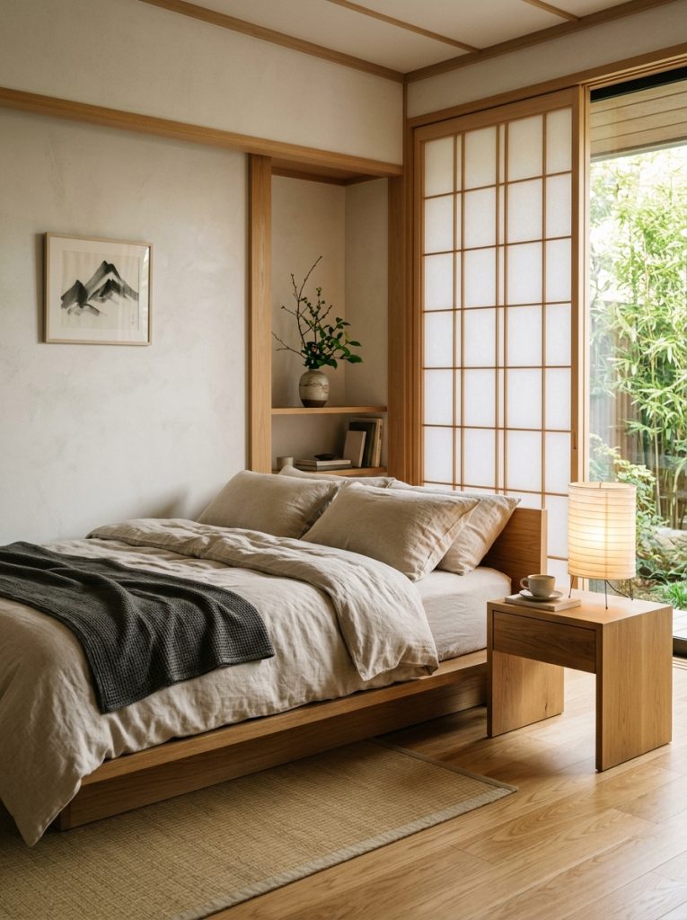 Modern Japanese bedroom blending low platform bed shoji screen paper lamp and neutral linen bedding in a calm balanced space