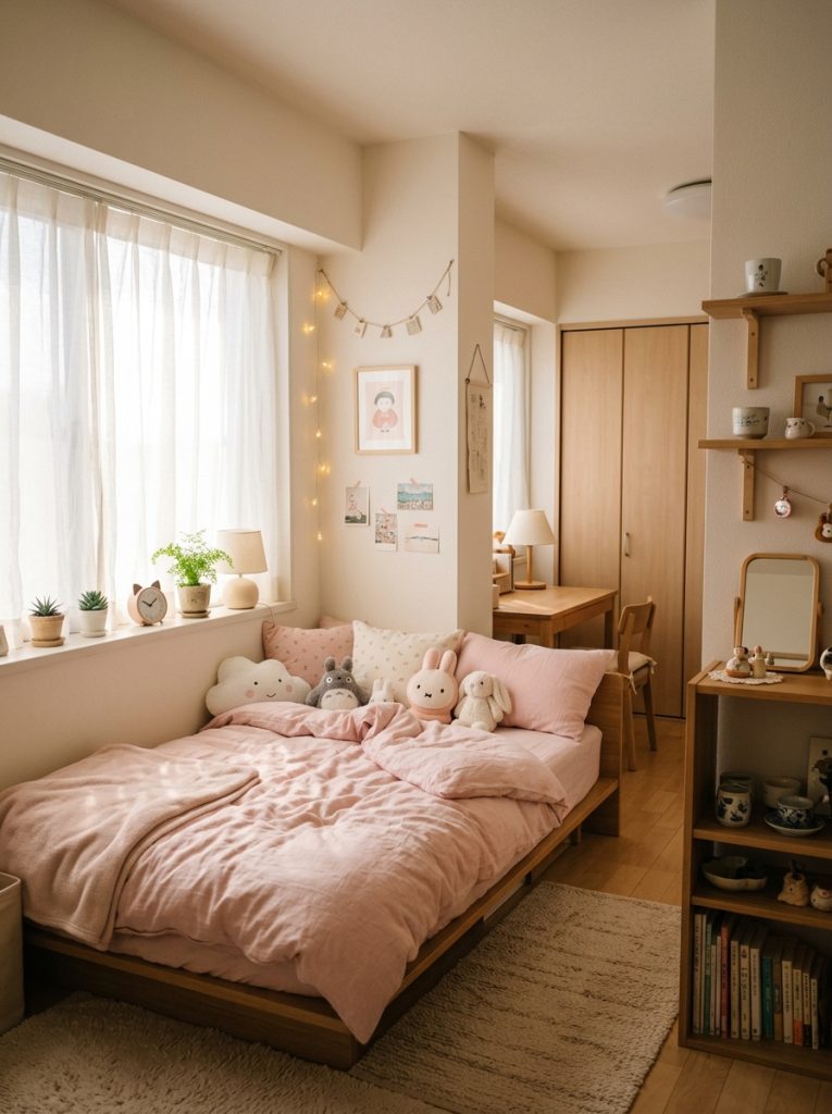 Cute Japanese bedroom with white sheer curtains filtering natural daylight over pastel pink bedding on low bed in dreamy soft morning atmosphere