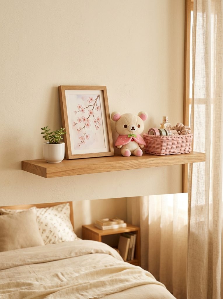 Floating shelf in cute Japanese bedroom with sakura art print small plant kawaii plushie and pastel basket in a beautifully curated display