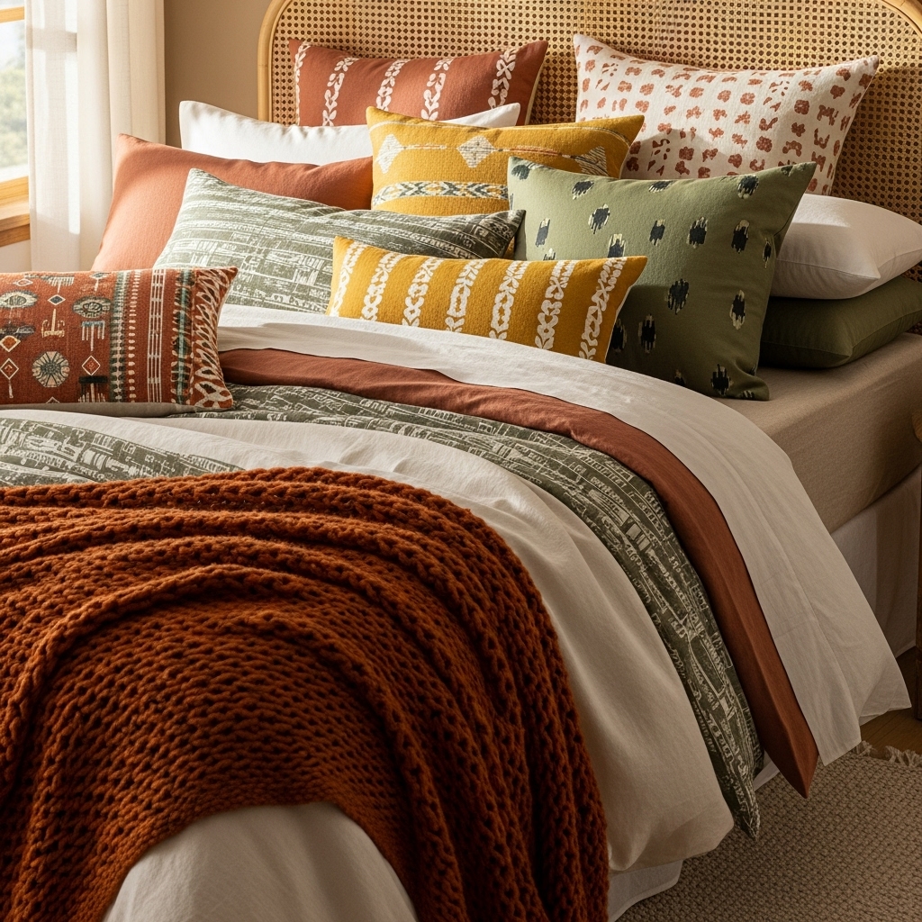 Boho bedding with warm earthy tones.