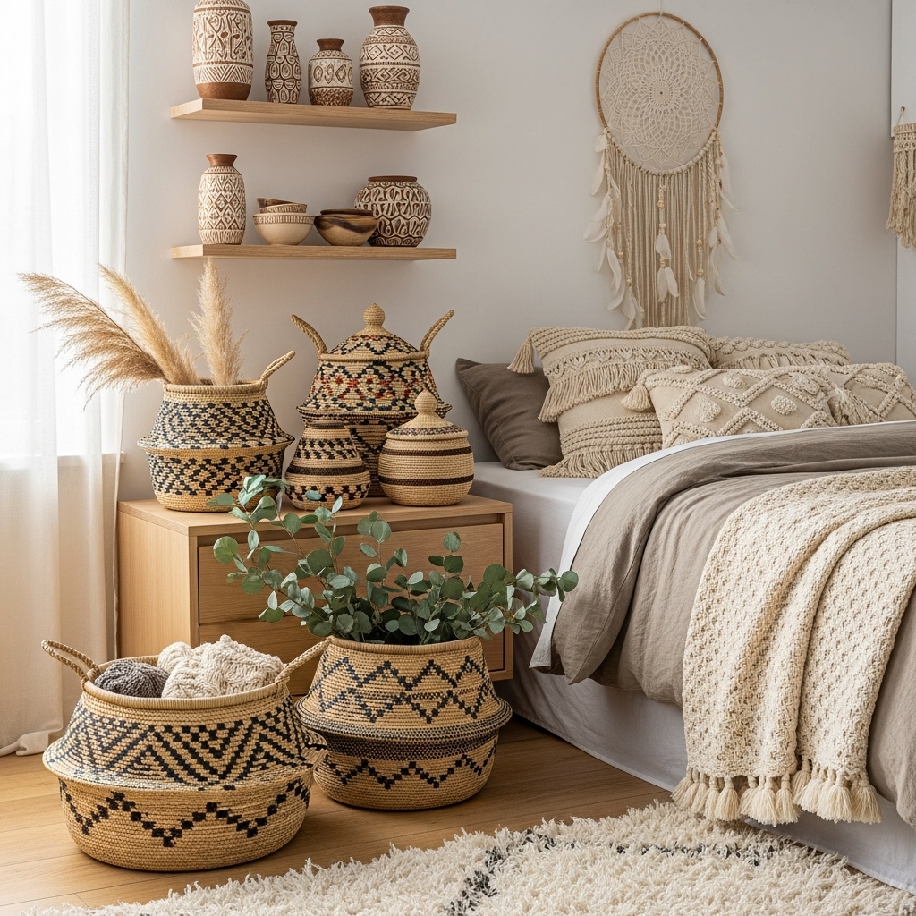 Handmade Boho decor pieces in a bedroom.