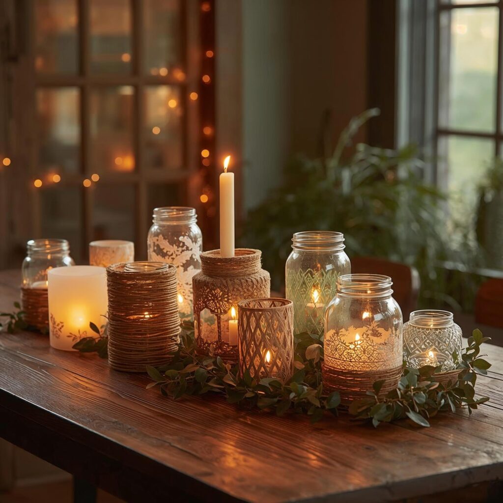 Repurposed glass jars transformed into elegant DIY candle holders glowing with warm light on a rustic wooden table.