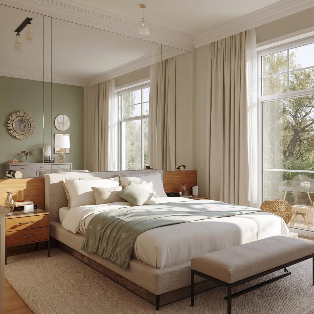Small bedroom with large mirrors reflecting natural light, cozy beige and green tones, and modern minimalist decor in 8K resolution.