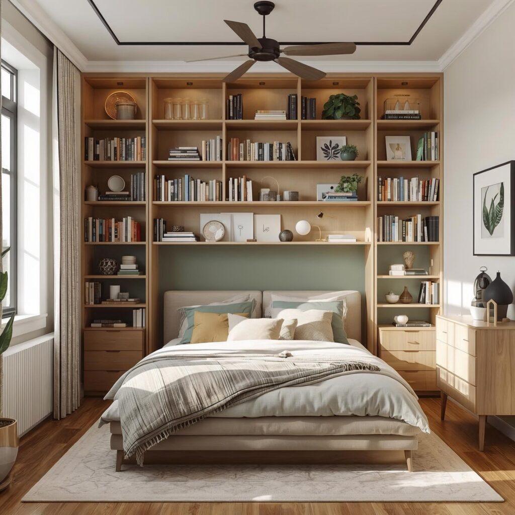 Small bedroom with vertical storage, floating shelves, tall dresser, and wall-mounted lights in beige and green tones, modern cozy design, 8K quality.