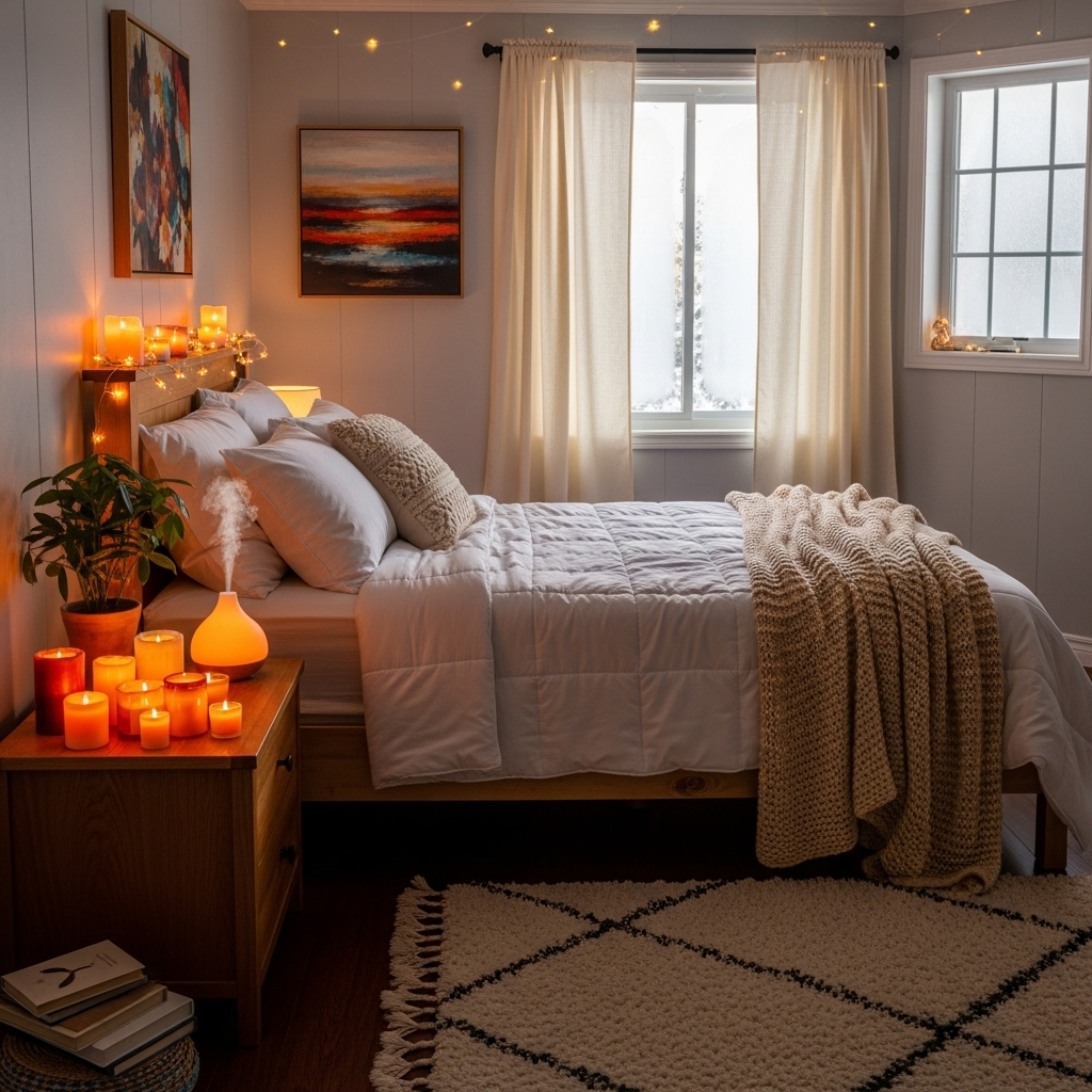 Cozy sensory bedroom with candles, scents, and soft lighting – USA winter 2026.
