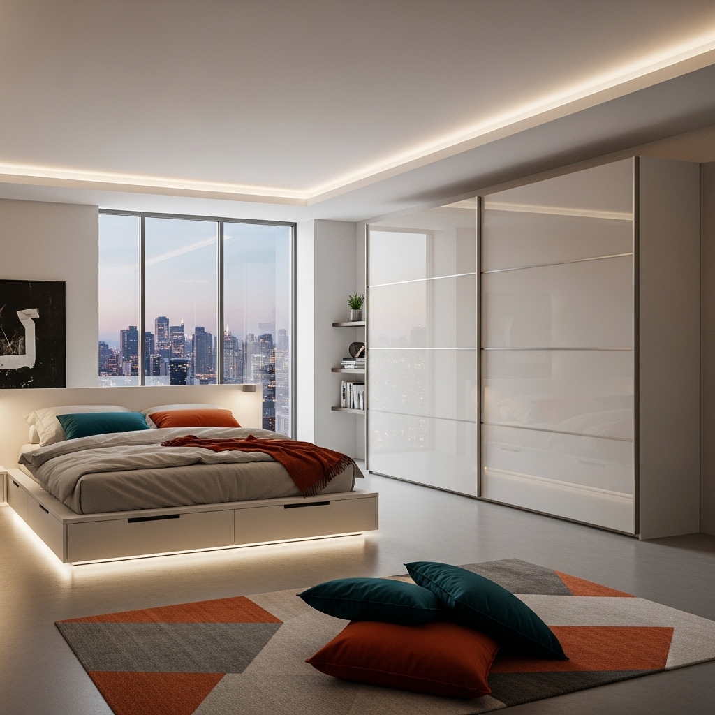 Modern city bedroom with space-saving smart storage – USA urban apartment 2026.