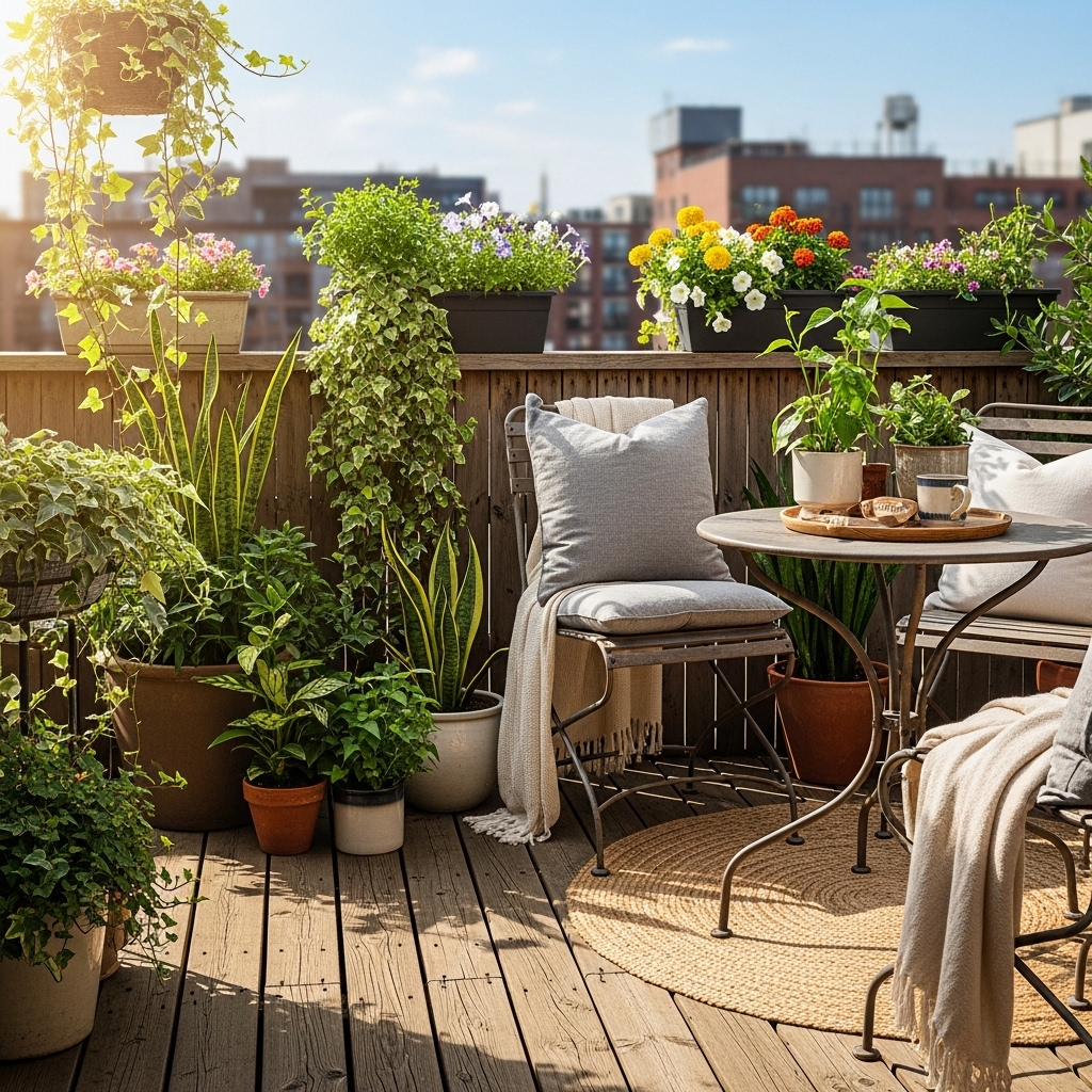 Eco-friendly urban garden with reclaimed wood and recycled metal decor โ sustainable home trend USA 2026