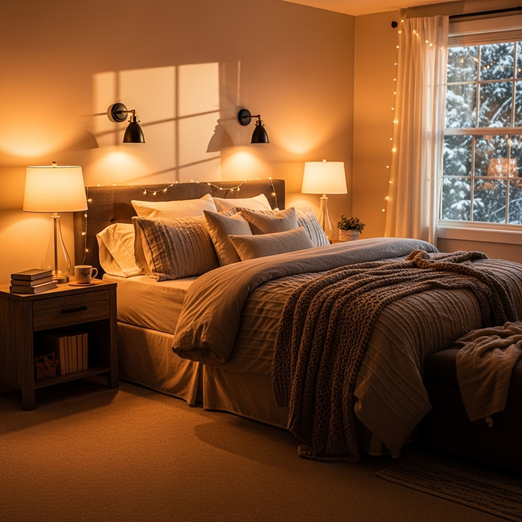 Warmly lit modern bedroom with soft lamps and cozy winter tones – USA apartment 2026.