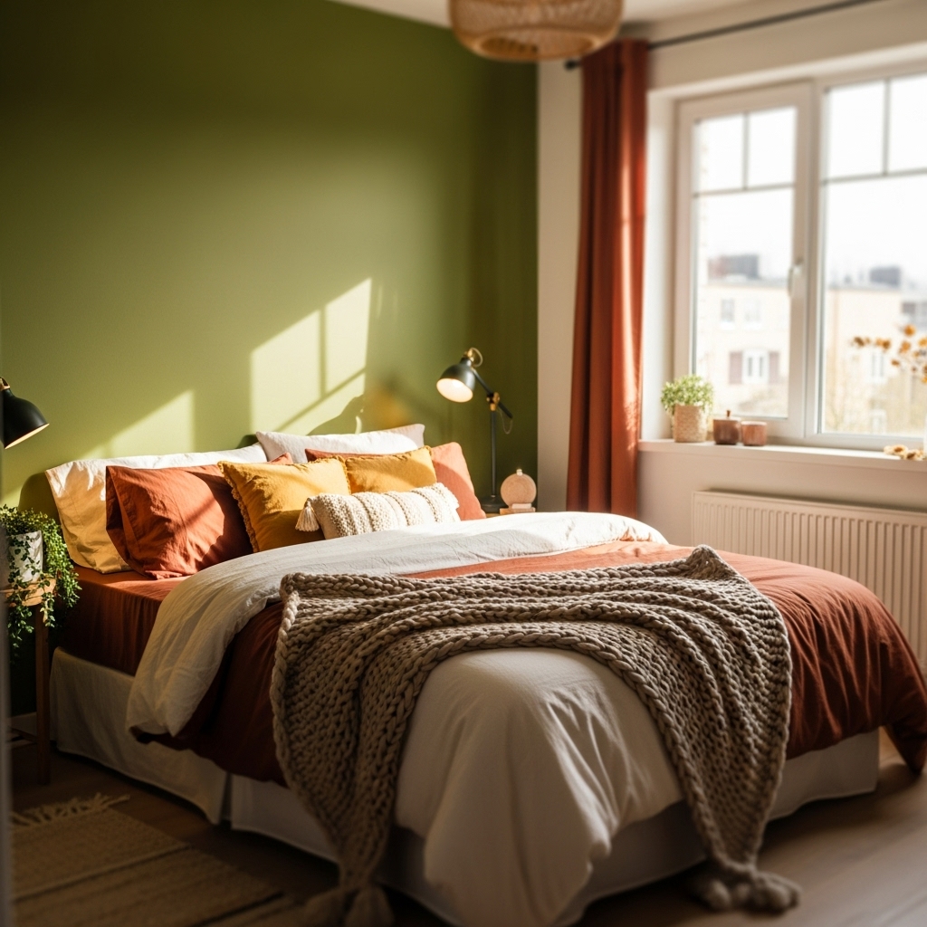 Urban winter bedroom with accent wall and warm neutral bedding – USA home 2026.