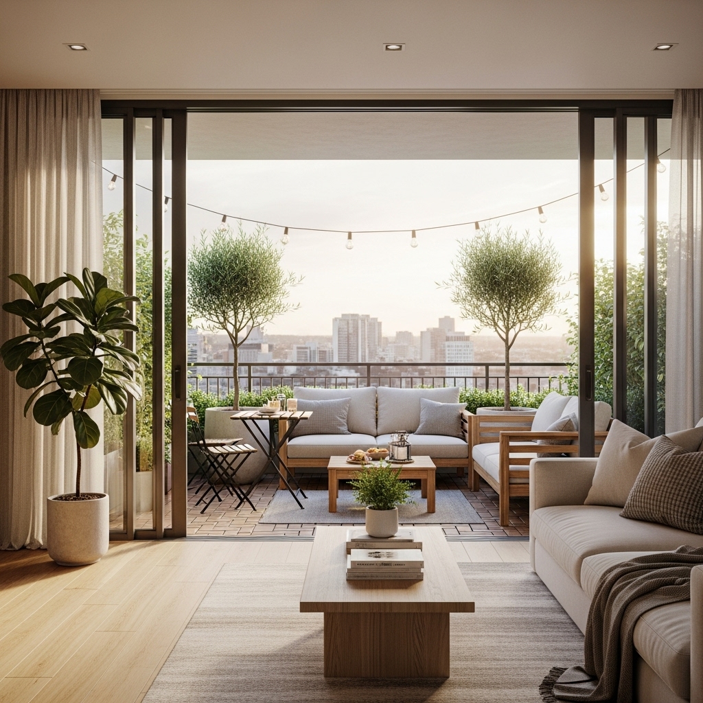 Indoor-outdoor design flow with matching decor and balcony greenery โ urban home USA 2026