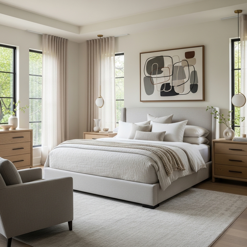 "American contemporary bedroom with neutral tones, upholstered bed, oak furniture, and modern 2025 interior design."