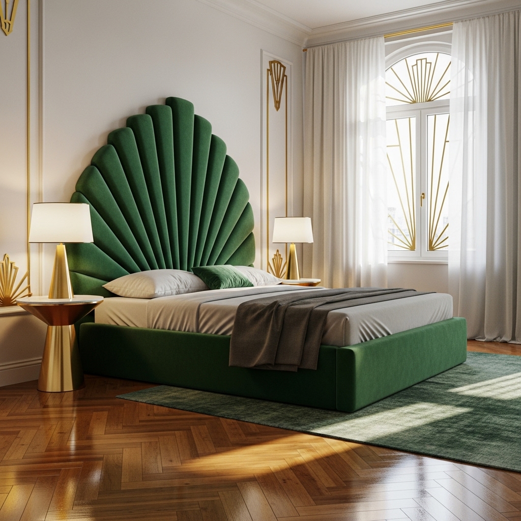 art deco bedroom emerald headboard