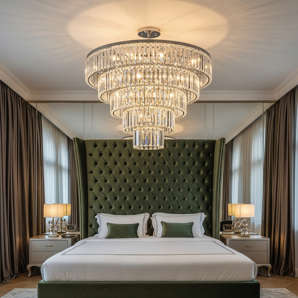 art deco chandelier over bed