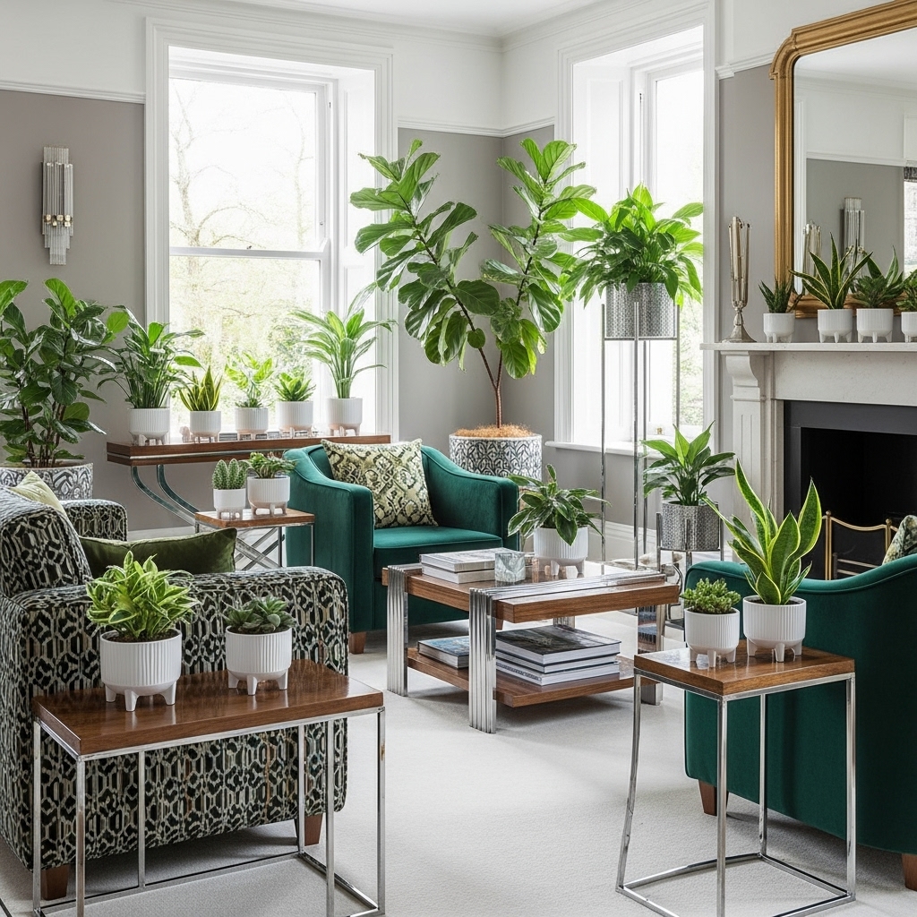 indoor plants in art deco living room