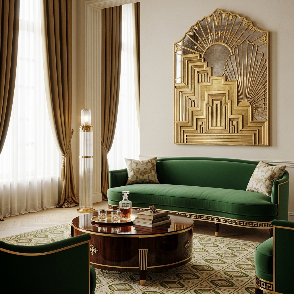 art deco themed living room with emerald sofa