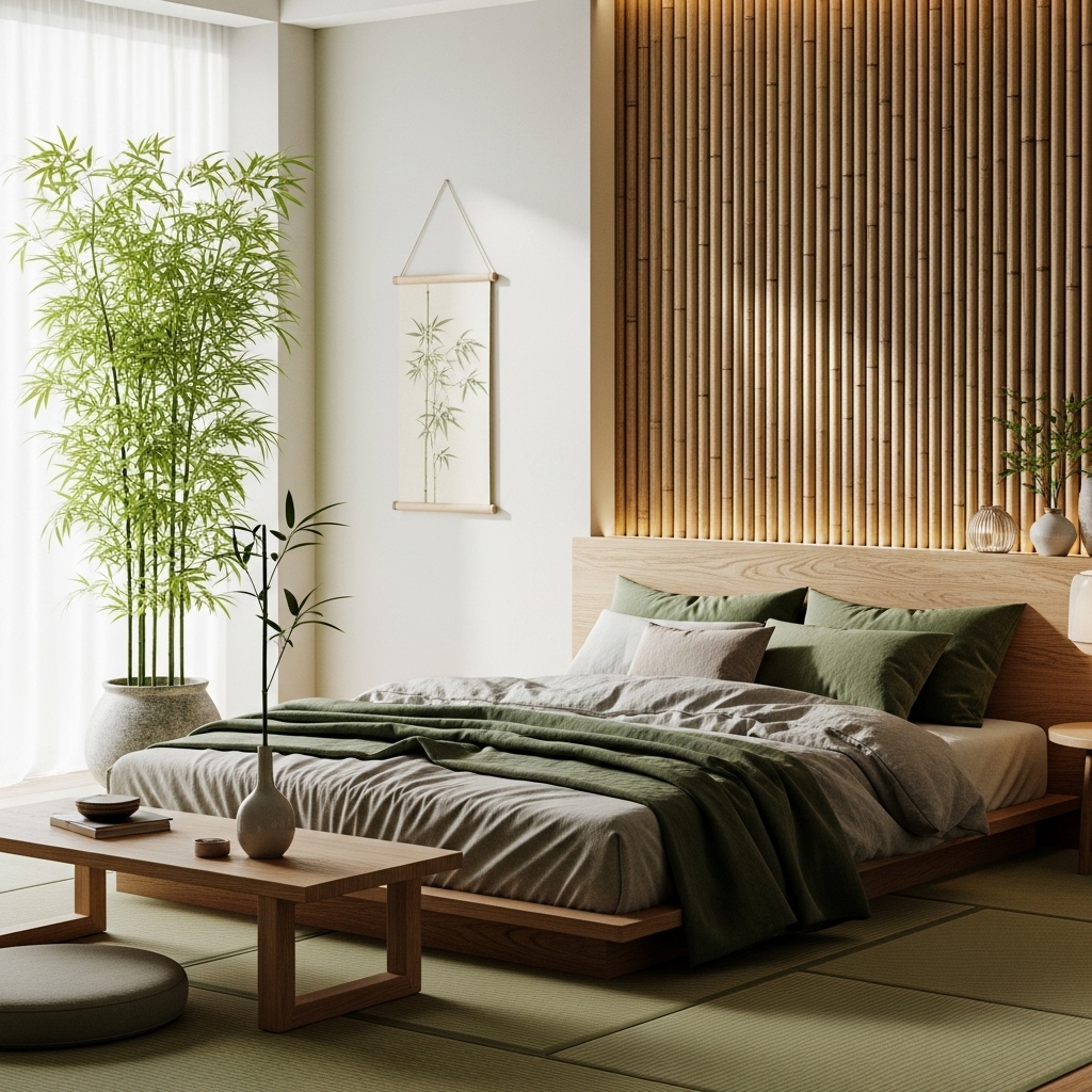 Bamboo dรฉcor in a modern Japanese bedroom.