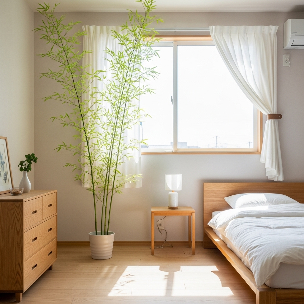 Bamboo plant placed near window in a Japanese Zen bedroom.