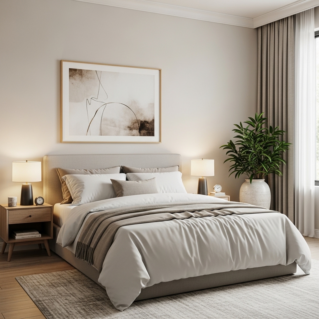 "Modern cozy bedroom showing essential decor items like layered bedding, bedside lamps, wall art, and indoor plants."