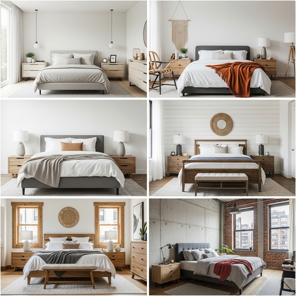 "Collage-style image showing top bedroom styles trending in the USA, including modern, boho, farmhouse, and urban loft designs."